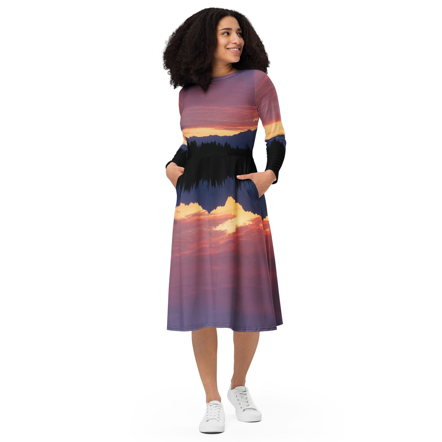 Olympic Mountain Sunset • Long sleeve midi dress with pockets