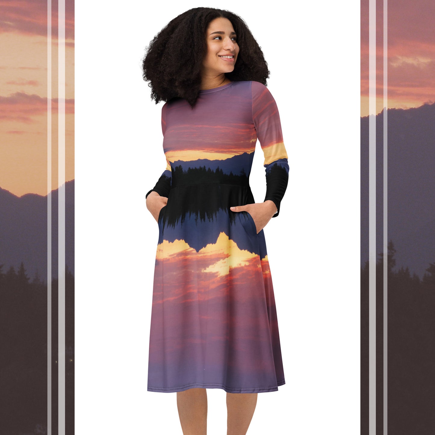 Olympic Mountain Sunset • Long sleeve midi dress with pockets
