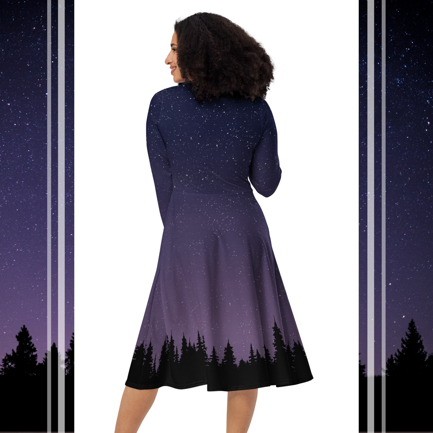 Starry Night in the Forest • Long sleeve midi dress with pockets