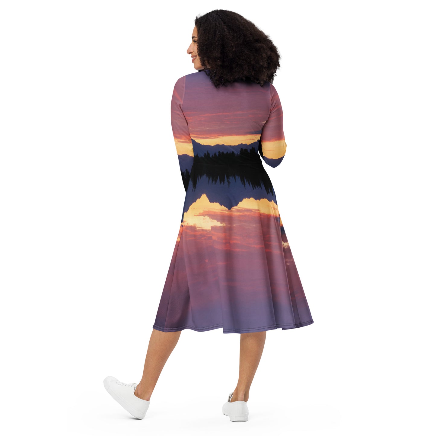 Olympic Mountain Sunset • Long sleeve midi dress with pockets