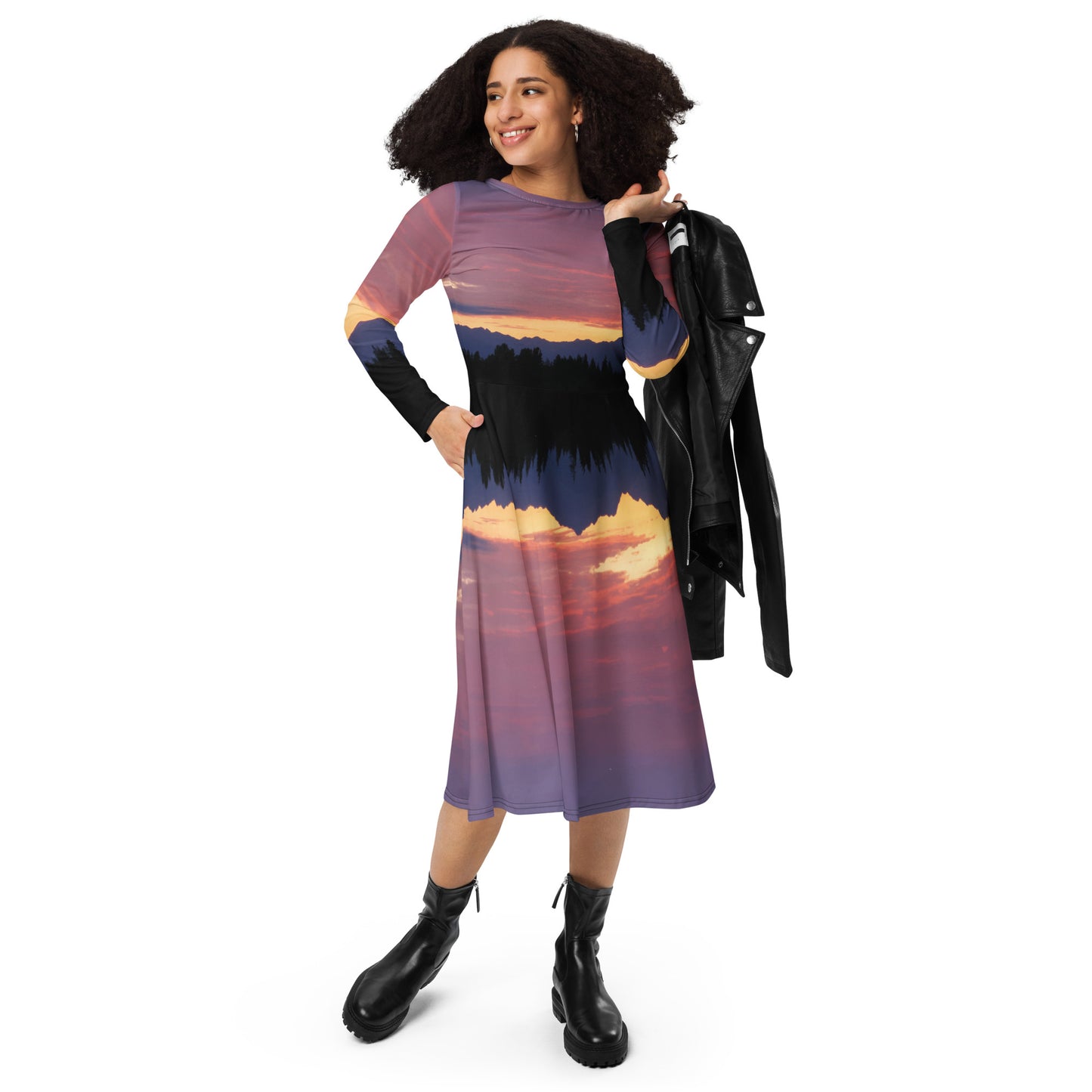 Olympic Mountain Sunset • Long sleeve midi dress with pockets