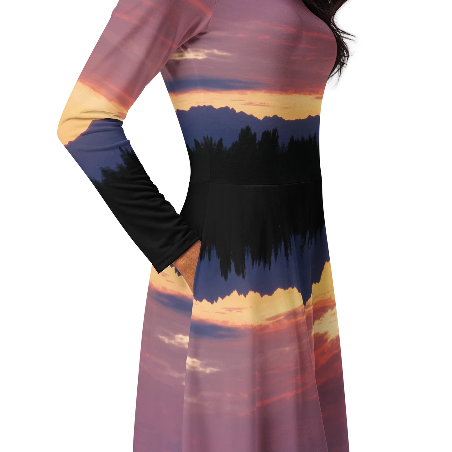 Olympic Mountain Sunset • Long sleeve midi dress with pockets