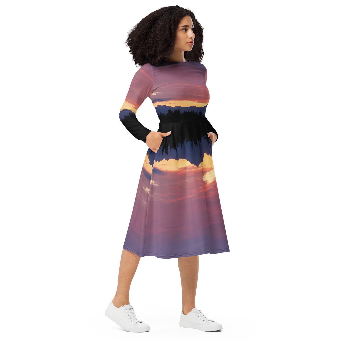 Olympic Mountain Sunset • Long sleeve midi dress with pockets