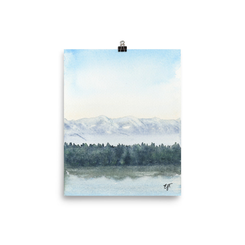 Pacific Northwest Reflections Landscape Painting • Cascade Mountains & Puget Sound • Giclée Art Print from Watercolor Original (5"x7", 8"x10")